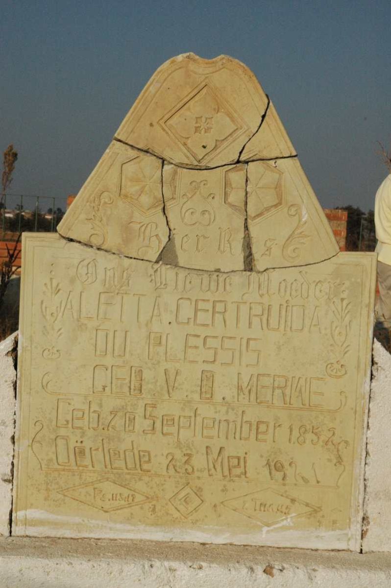 PLESSIS Aletta Gertruida, du nee v.d. MERWE 1852-1921